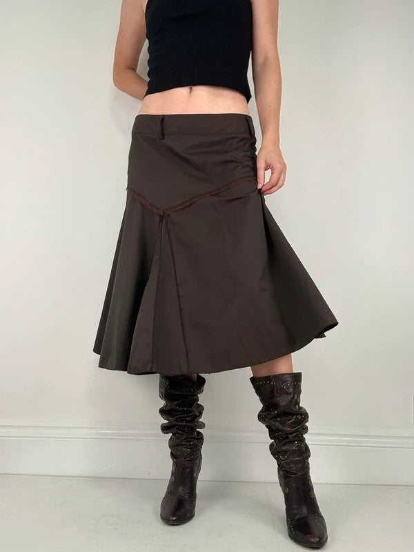 brown asymmetric waistband flared midi skirt