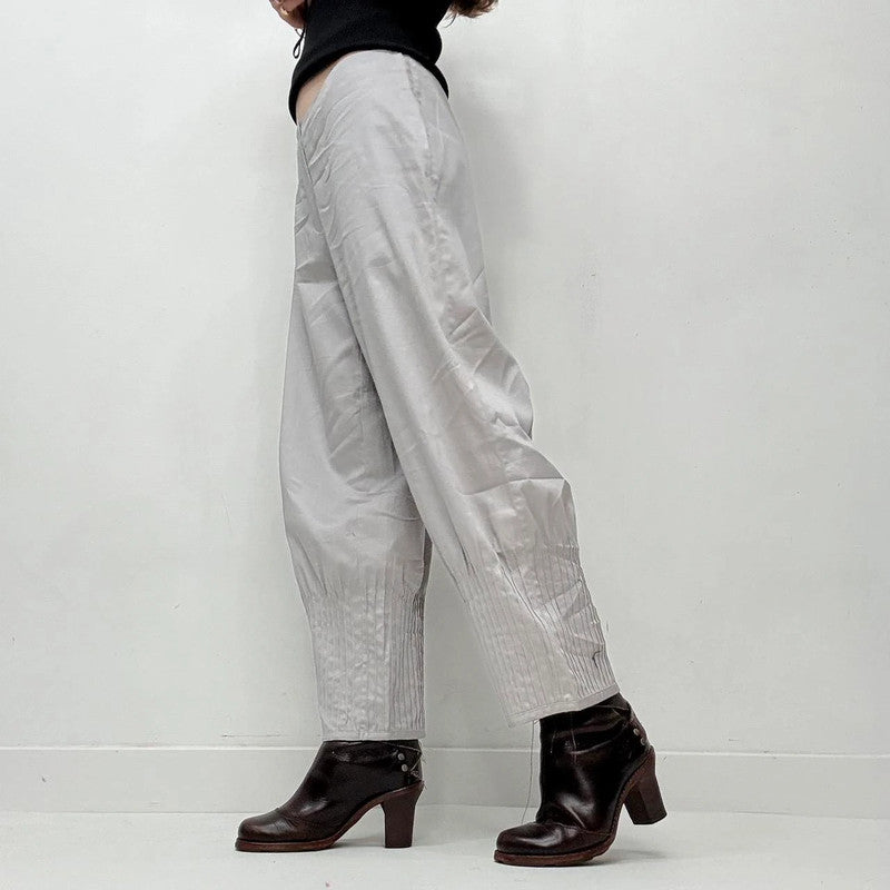 grey pleated puff barrel trousers