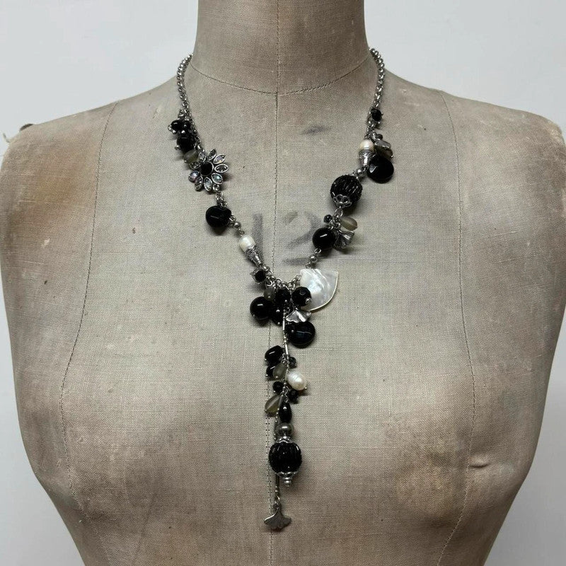 layered chain beaded charm necklace