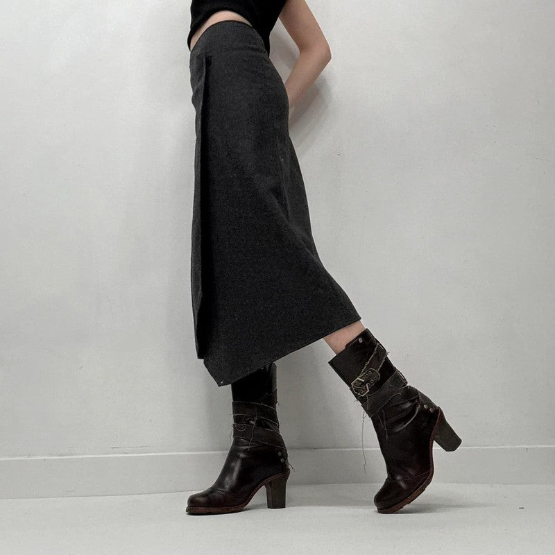 grey wool asymmetric midi skirt