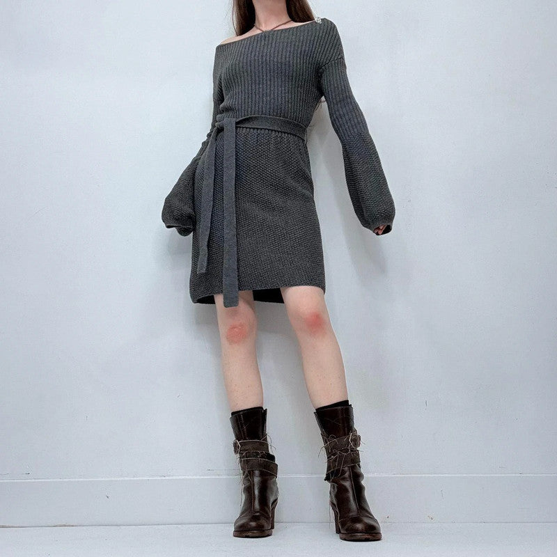 grey slash neck flared puff sleeve midi dress
