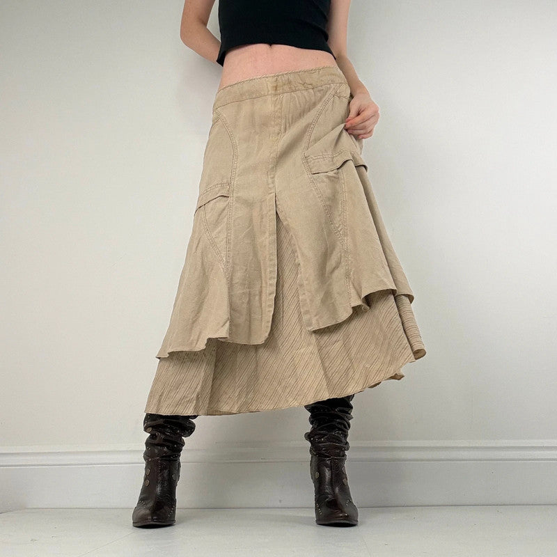 tan linen layered pinstripe midi skirt