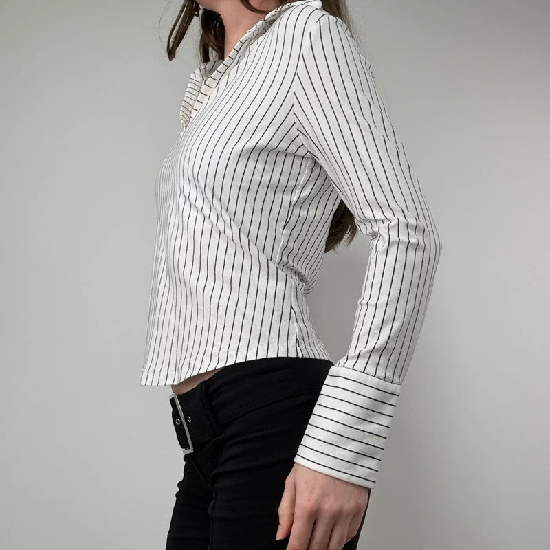 white pinstripe fitted flared shirt
