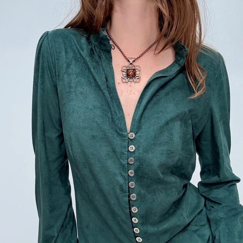 green fitted button flared shirt