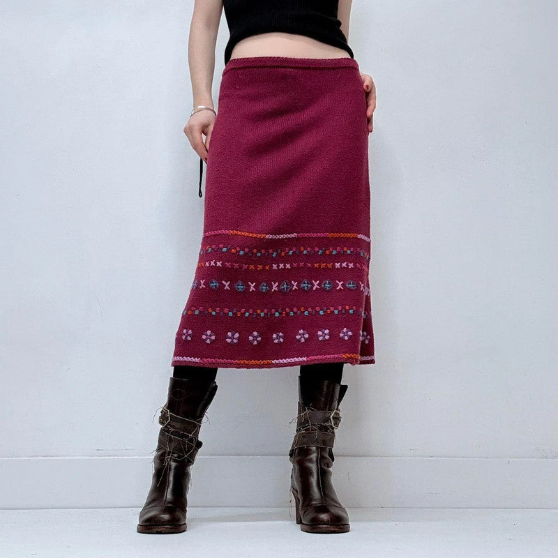 pink hippie knitted embroidered midi skirt