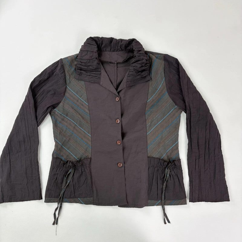 brown pinstripe gathered cinched shirt