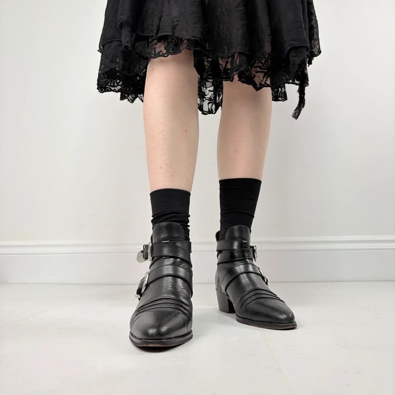 The Kooples black leather buckle western boho boots