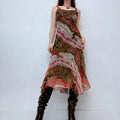 bias cut distressed printed earthy tone midi dress
