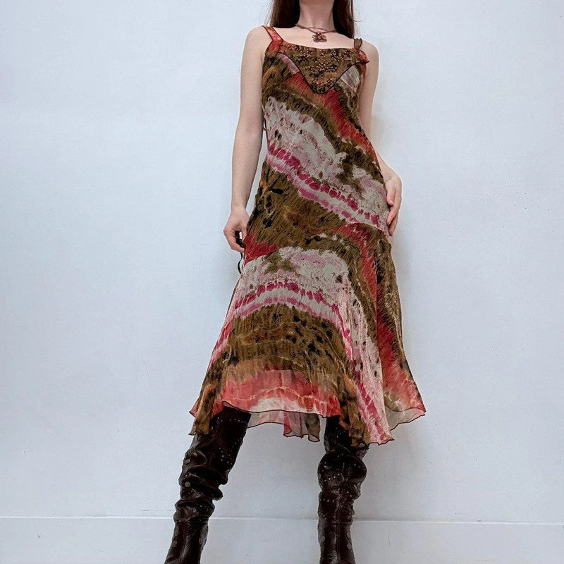 bias cut distressed printed earthy tone midi dress