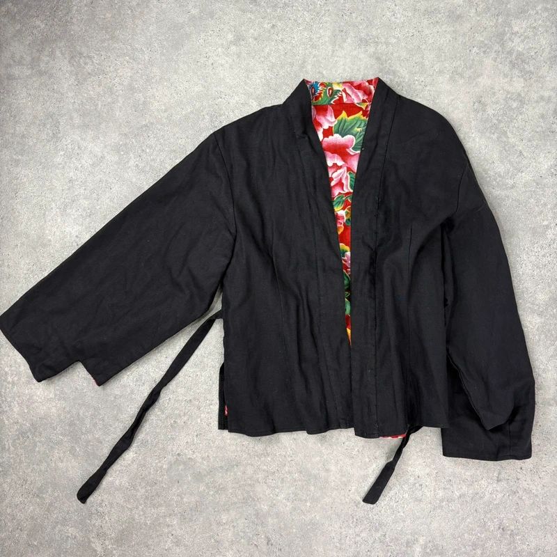 black linen boxy cropped kimono jacket
