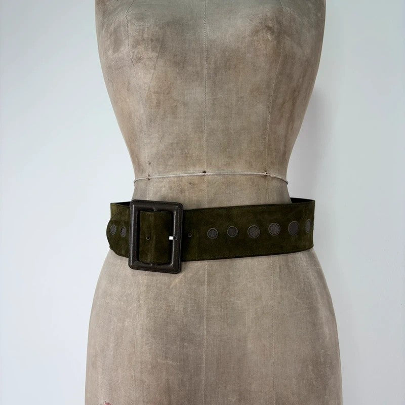 Khaki suede thick leather belt