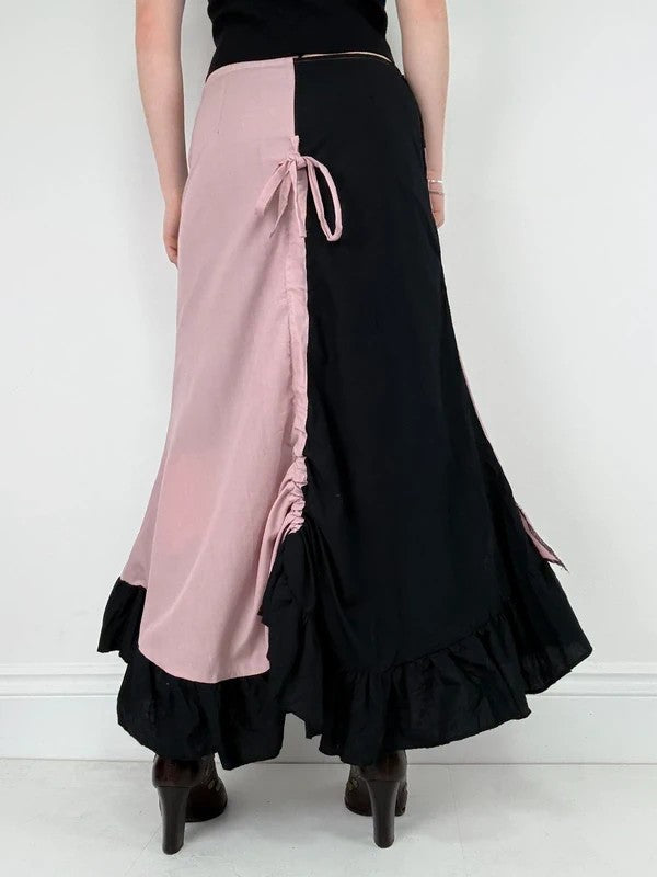pink and navy gathered asymmetric flared maxi skirt