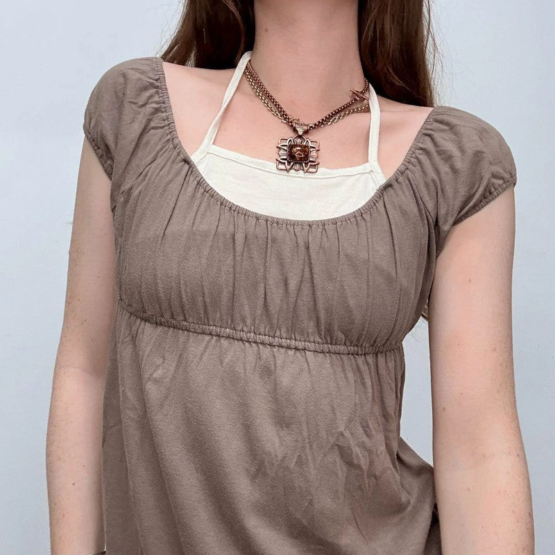 brown layered flared halter top