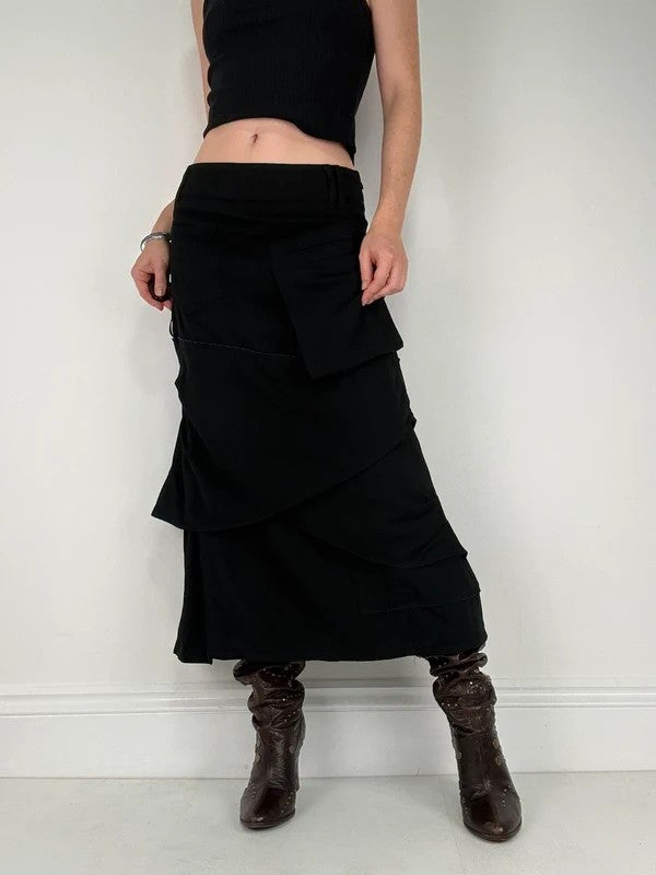 Black layered french flared asymmetric maxi skirt