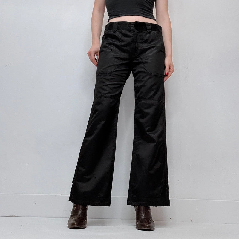 black wide leg flared low rise black satin jeans