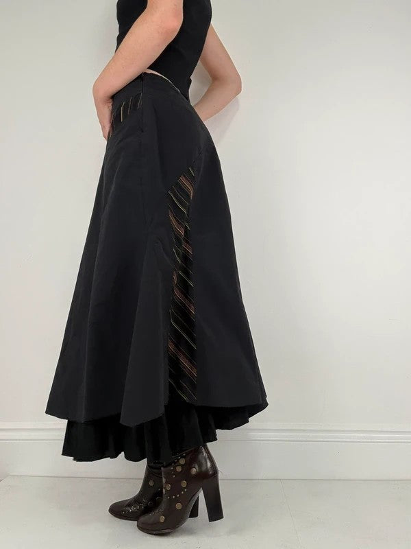 Black flared pleated pinstriped layered maxi skirt