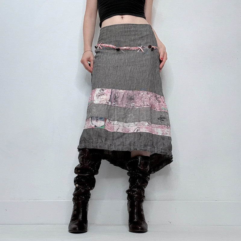 grey linen asymmetric tiered midi skirt
