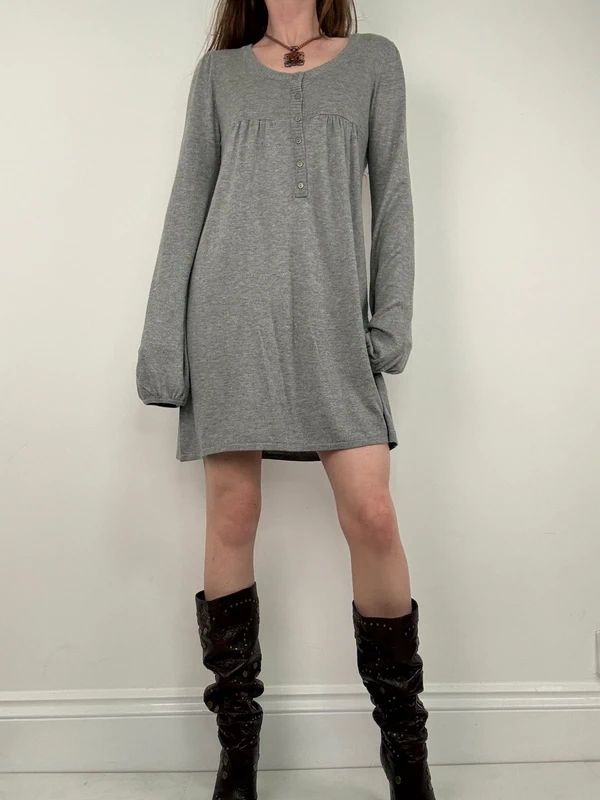 slouchy grey knit long sleeve mini dress