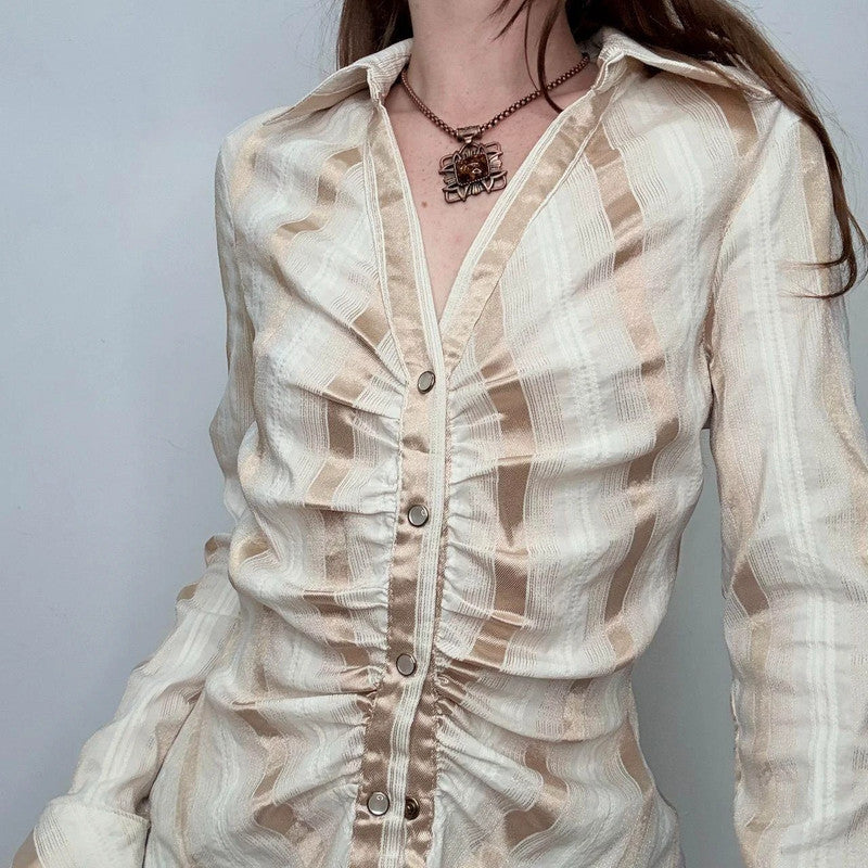 gathered cinched striped fitted shirt