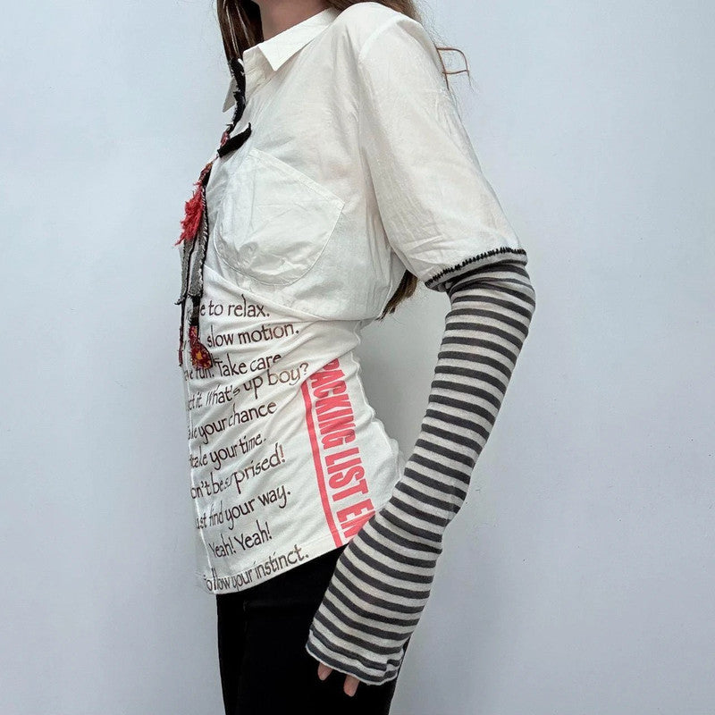 white graphic appliqué puff striped shirt