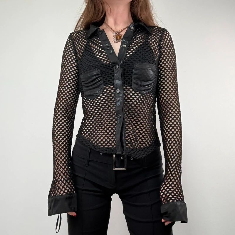 Black fitted Fishnet Mesh Grunge Shirt