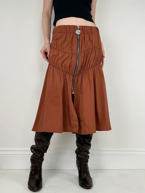 Cop Copine gathered ruched orange midi skirt