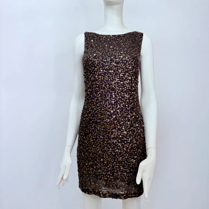 black studded brass sequin draped dress