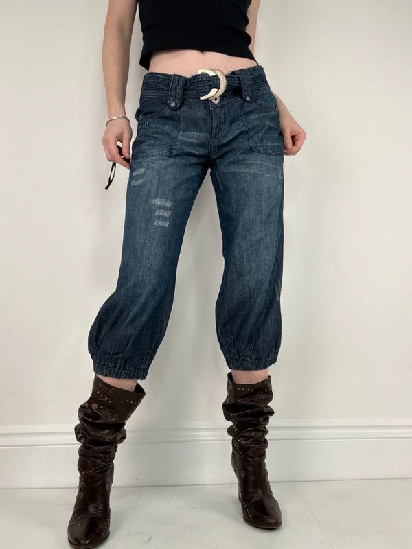 cropped denim puff capri pants