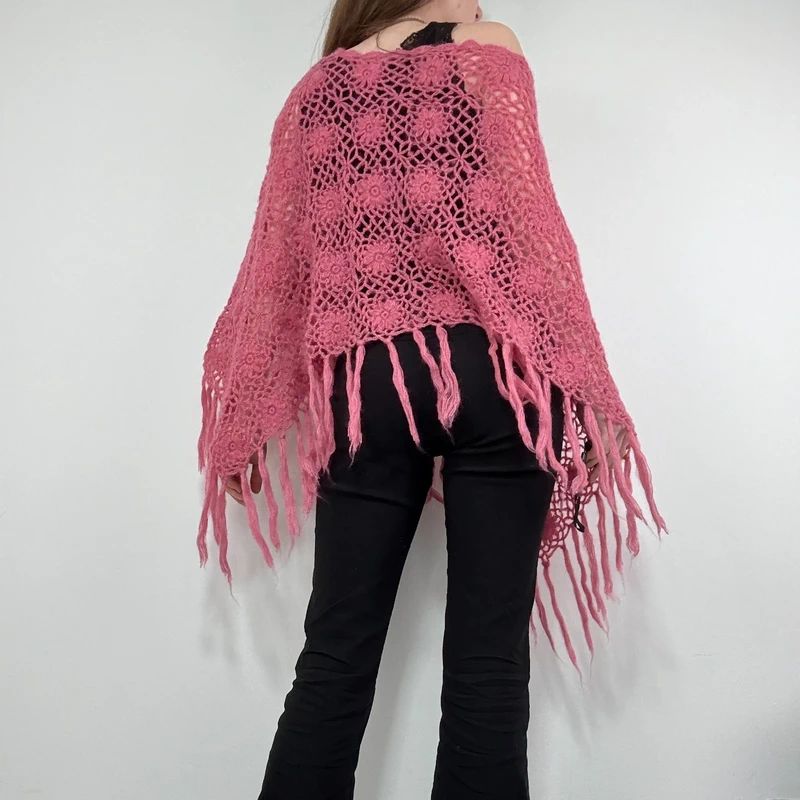 pink sheer knit crochet poncho