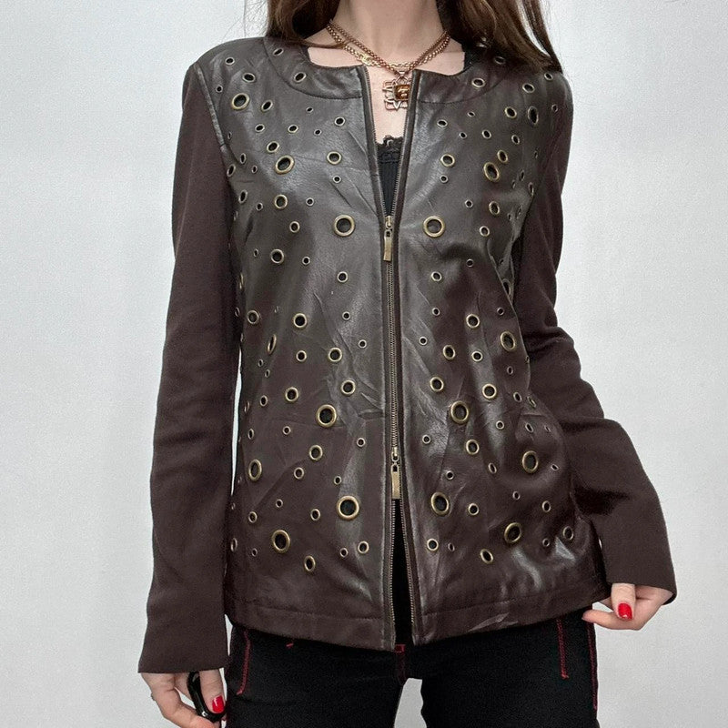 brown studded eyelet leather jacket
