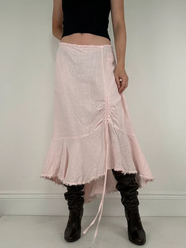Pink linen flared asymmetric midi skirt