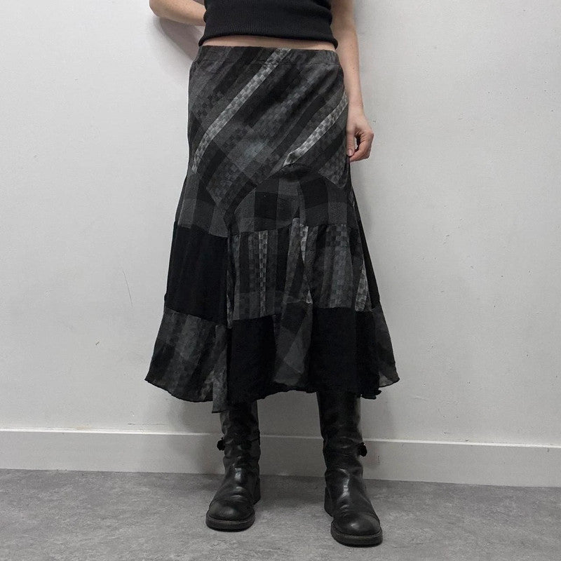 black striped tartan flare maxi skirt