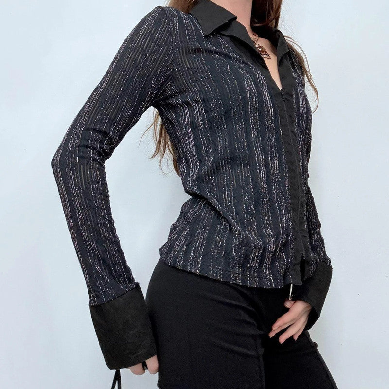 black pinstripe flared office shirt