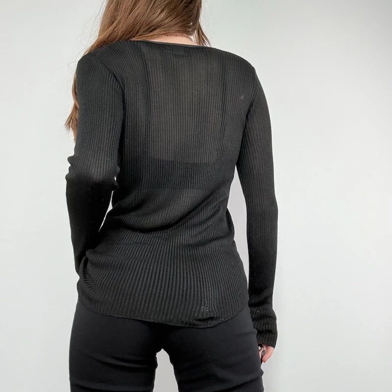 black semi sheer ribbed knit cardigan