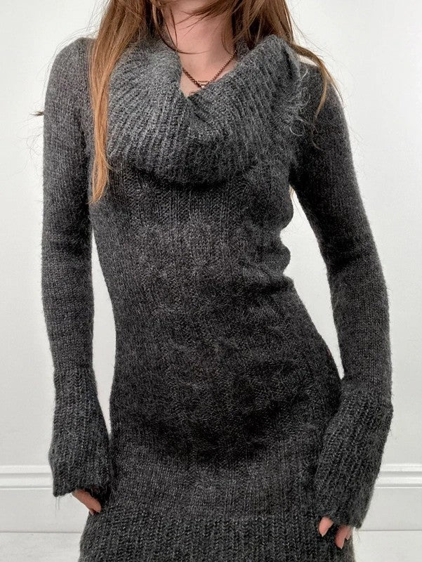 grey mohair knit slouchy off the shoulder dress