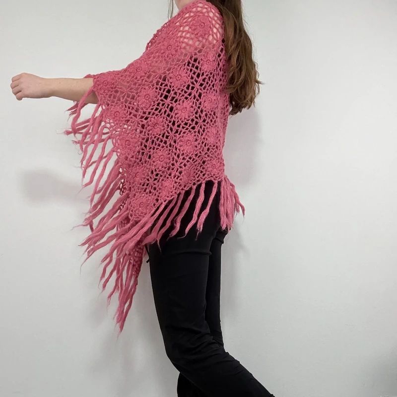 pink sheer knit crochet poncho