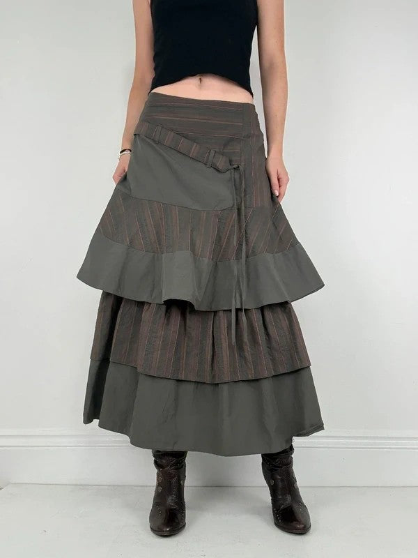 Khaki layered pinstripe maxi skirt