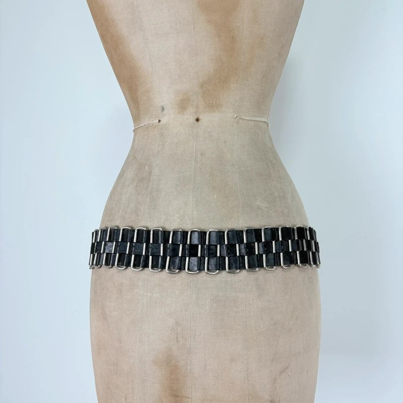 Black leather chunky metal belt