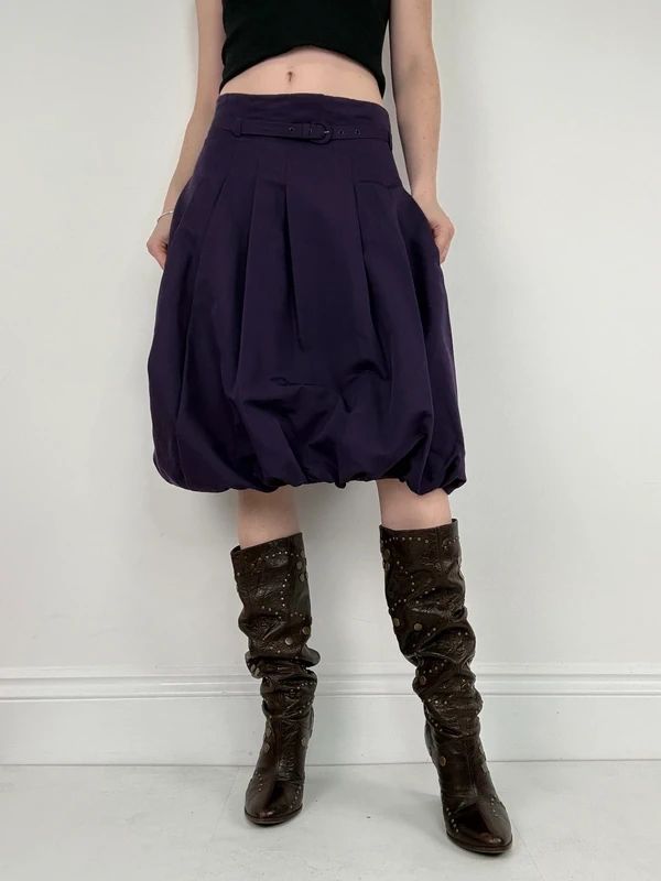 pleated puff balloon purple midi silk cotton skirt
