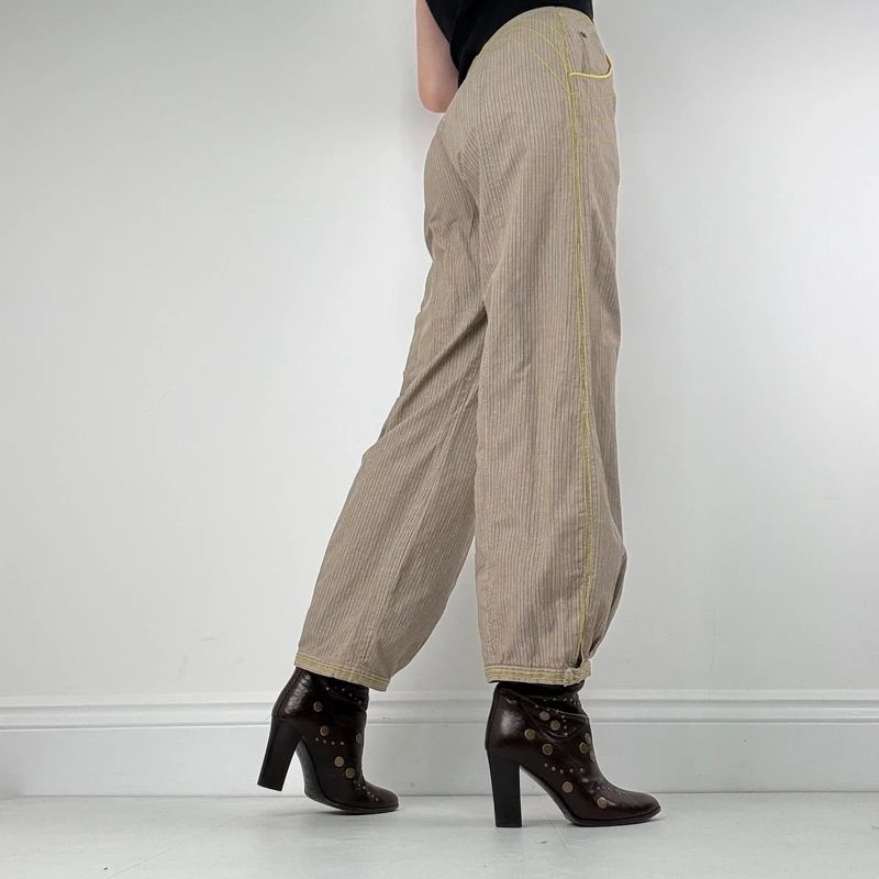 brown pinstripe pleated hem puff cotton trousers