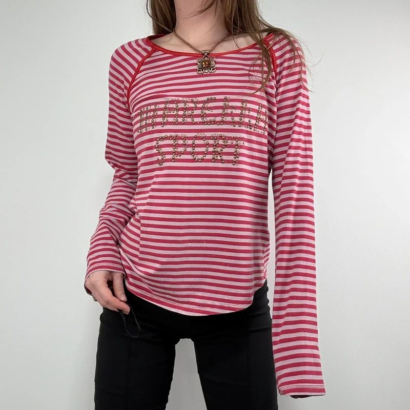 pink and red striped long sleeve Marella t-shirt