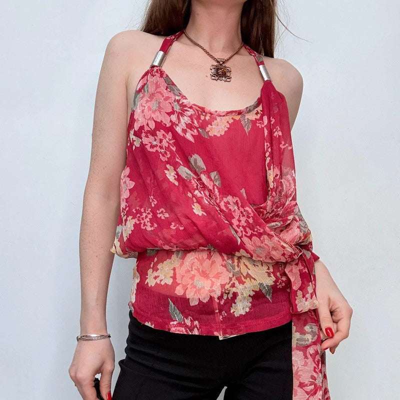 red floral elegant draped vest