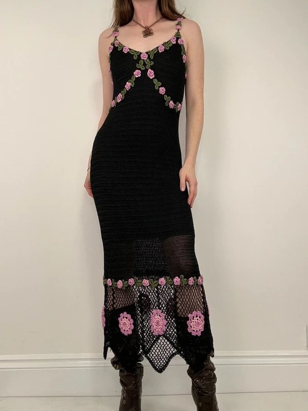 rene derhy crochet floral black summer maxi dress