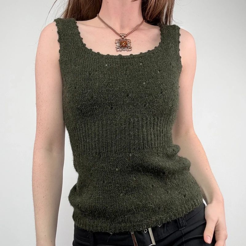 khaki knitted mohair pointelle vest