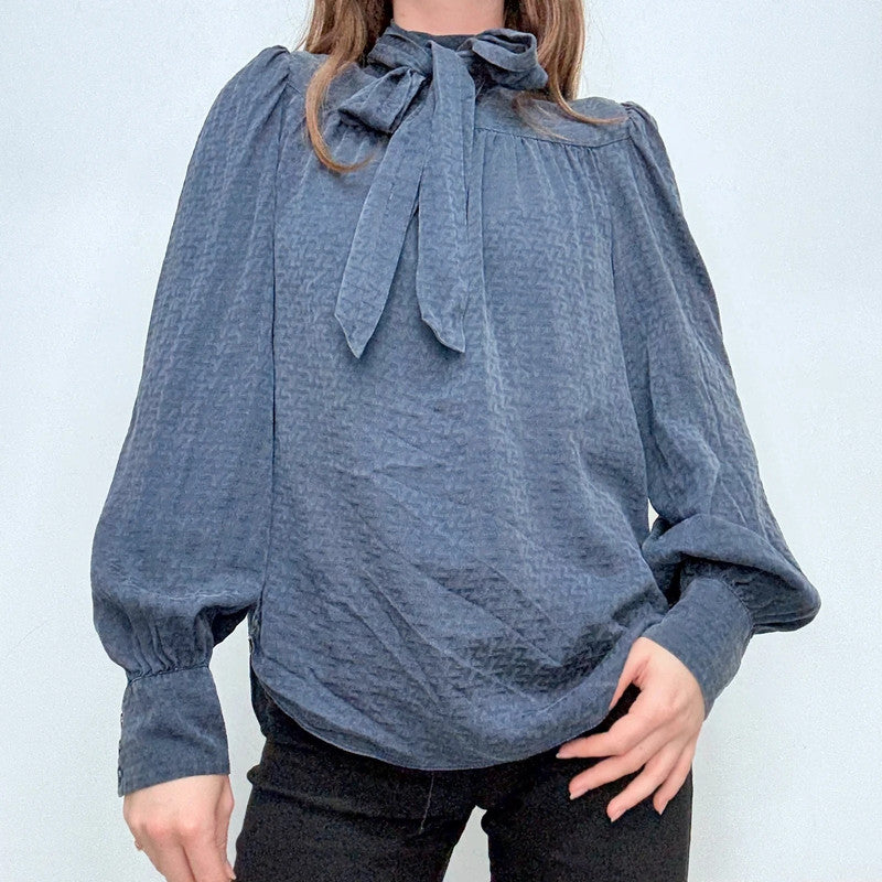 navy silk puff textured blouse