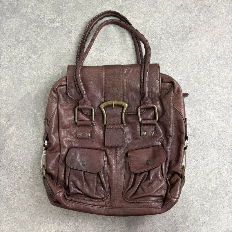 Brown buckle Y2K pocket slouchy tote bag