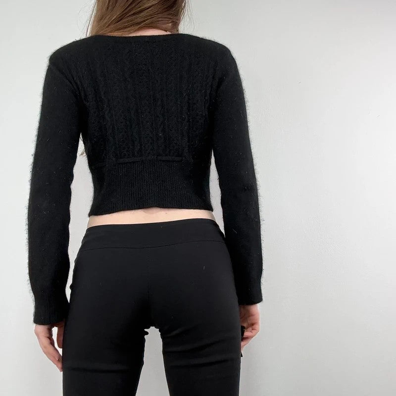 black cropped preppy angora wool cardigan