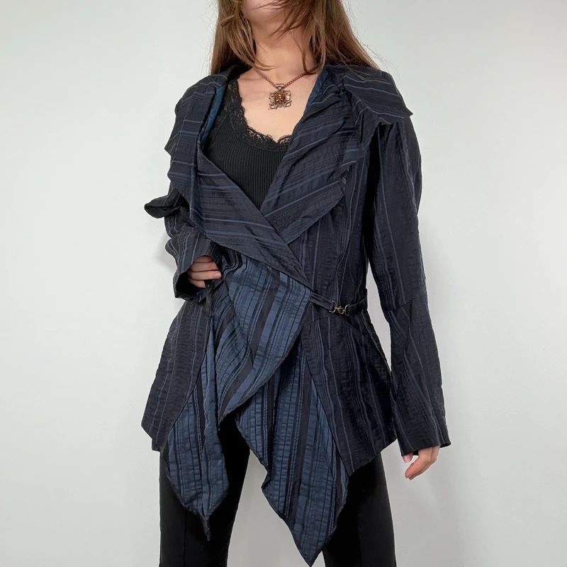 Navy Pinstripe Asymmetric Ruffle Jacket