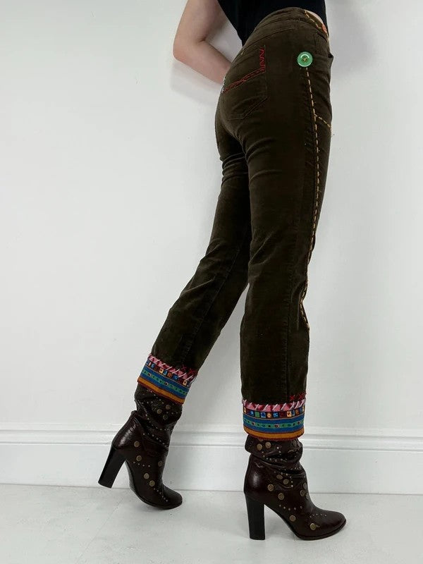 khaki corduroy embroidered hippy capri trousers