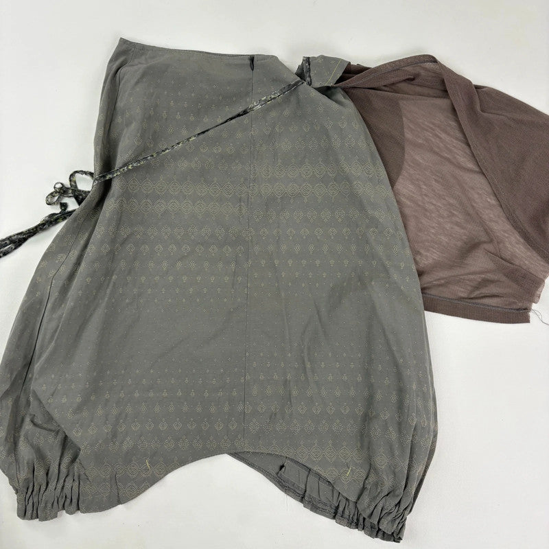 asymmetric gathered puff pleated khaki midi skirt